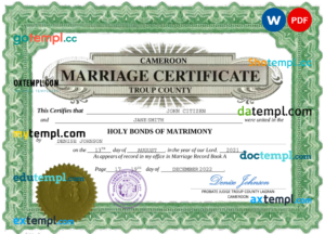 editable template, Cameroon marriage certificate Word and PDF template, completely editable