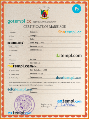 editable template, Cameroon marriage certificate PSD template, completely editable