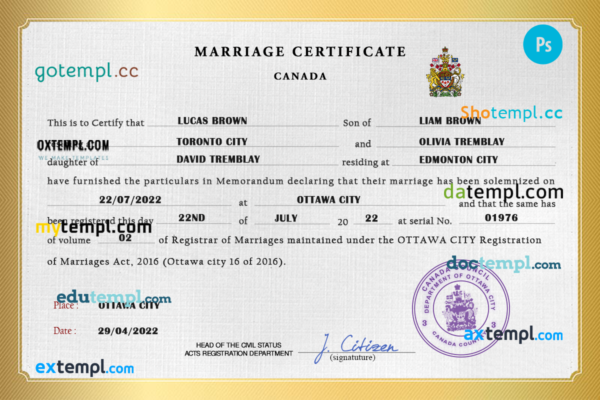 editable template, Canada marriage certificate PSD template, fully editable