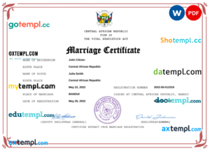 editable template, Central African Republic marriage certificate Word and PDF template, completely editable