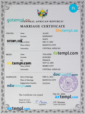 editable template, Central African Republic marriage certificate PSD template, completely editable