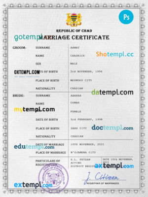 editable template, Chad marriage certificate PSD template, fully editable