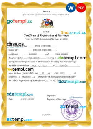editable template, Chile marriage certificate Word and PDF template, fully editable