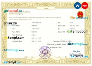 editable template, China marriage certificate Word and PDF template, completely editable