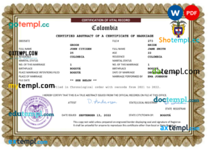 editable template, Colombia marriage certificate Word and PDF template, fully editable