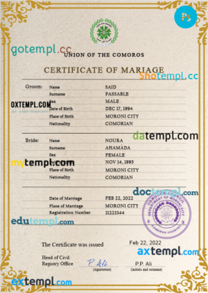 editable template, Comoros marriage certificate PSD template, completely editable