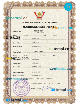 editable template, Congo Democratic Republic marriage certificate PSD template, fully editable