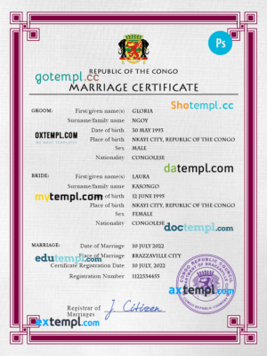 editable template, Congo, Republic of the marriage certificate PSD template, completely editable