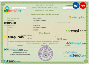 editable template, Costa Rica marriage certificate Word and PDF template, completely editable