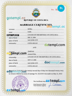 editable template, Costa Rica marriage certificate PSD template, fully editable