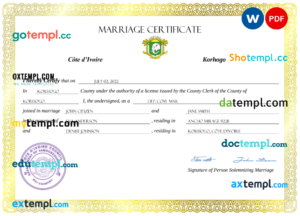 editable template, Cote d'Ivoire marriage certificate Word and PDF template, fully editable