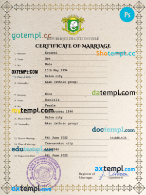 editable template, Côte d'Ivoire marriage certificate PSD template, completely editable