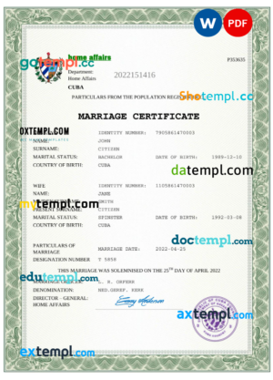 editable template, Cuba marriage certificate Word and PDF template, fully editable