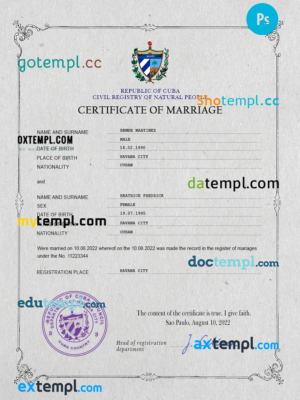 editable template, Cuba marriage certificate PSD template, completely editable
