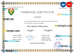 editable template, Cyprus marriage certificate Word and PDF template, completely editable