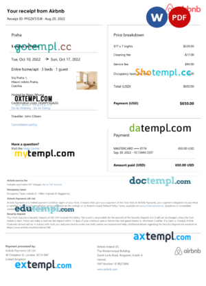 editable template, Czechia Airbnb booking confirmation Word and PDF template