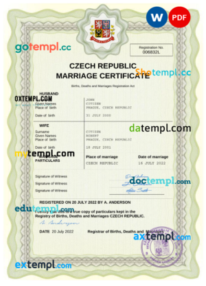 editable template, Czech Republic marriage certificate Word and PDF template, fully editable