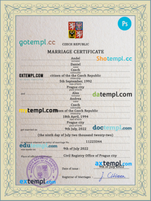 editable template, Czechia marriage certificate PSD template, fully editable