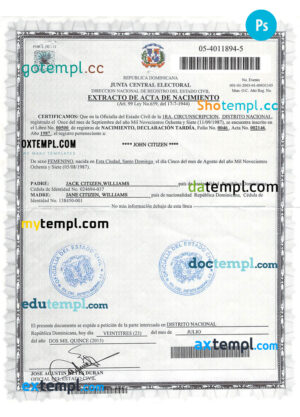 editable template, DOMINICAN REPUBLIC vital record birth certificate PSD template