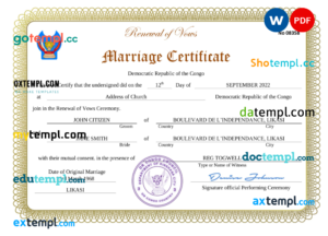 editable template, Democratic Republic of the Congo marriage certificate Word and PDF template, fully editable