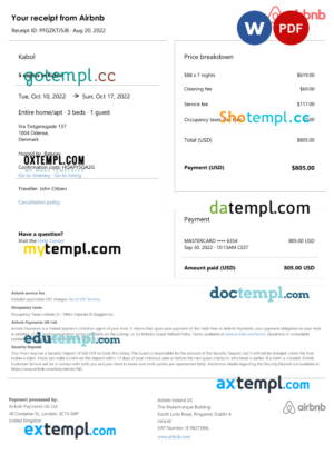 editable template, Denmark Airbnb booking confirmation Word and PDF template