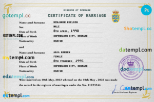 editable template, Denmark marriage certificate PSD template, completely editable