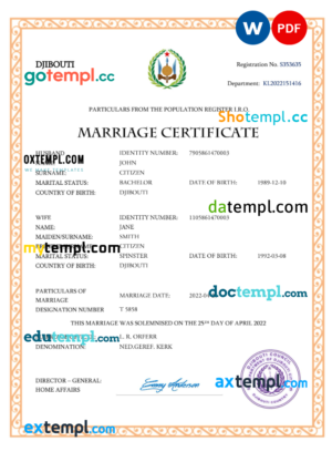 editable template, Djibouti marriage certificate Word and PDF template, fully editable