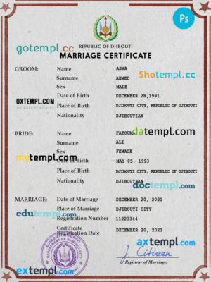 editable template, Djibouti marriage certificate PSD template, fully editable