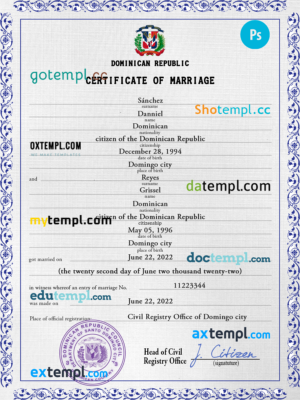editable template, Dominican Republic marriage certificate PSD template, fully editable