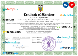 editable template, Ecuador marriage certificate Word and PDF template, completely editable