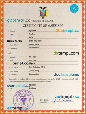 editable template, Ecuador marriage certificate PSD template, completely editable