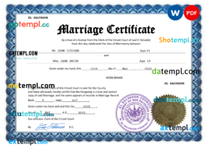 editable template, El Salvador marriage certificate Word and PDF template, fully editable