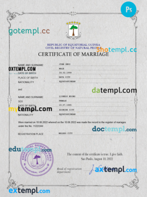 editable template, Equatorial Guinea marriage certificate PSD template, fully editable