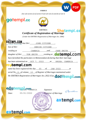 editable template, Eritrea marriage certificate Word and PDF template, completely editable