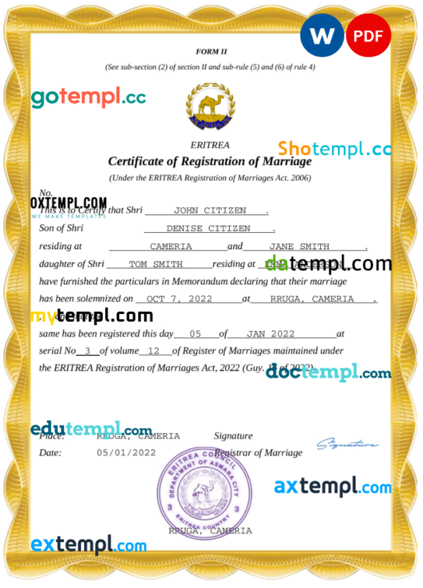 editable template, Eritrea marriage certificate Word and PDF template, completely editable