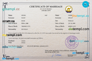 editable template, Eritrea marriage certificate PSD template, completely editable