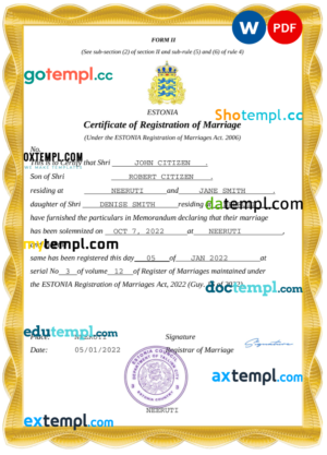 editable template, Estonia marriage certificate Word and PDF template, fully editable