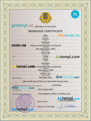 editable template, Estonia marriage certificate PSD template, fully editable