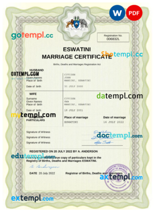 editable template, Eswatini marriage certificate Word and PDF template, completely editable