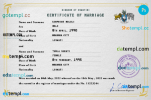 editable template, Eswatini marriage certificate PSD template, completely editable