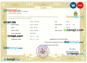 editable template, Ethiopia marriage certificate Word and PDF template, fully editable