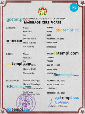 editable template, Ethiopia marriage certificate PSD template, fully editable