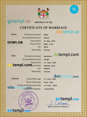 editable template, Fiji marriage certificate PSD template, completely editable