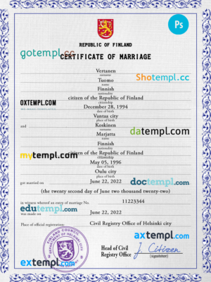 editable template, Finland marriage certificate PSD template, fully editable