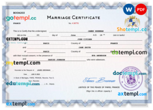 editable template, France marriage certificate Word and PDF template, completely editable