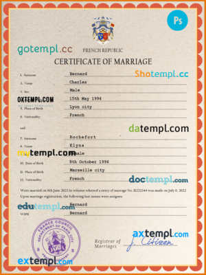 editable template, France marriage certificate PSD template, completely editable