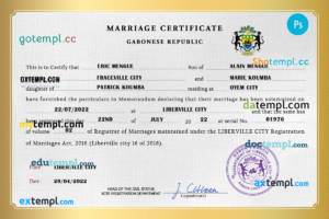 editable template, Gabon marriage certificate PSD template, fully editable