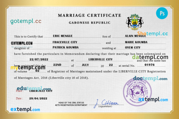 editable template, Gabon marriage certificate PSD template, fully editable