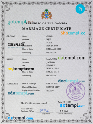 editable template, Gambia marriage certificate PSD template, completely editable