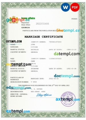 editable template, Georgia marriage certificate Word and PDF template, fully editable